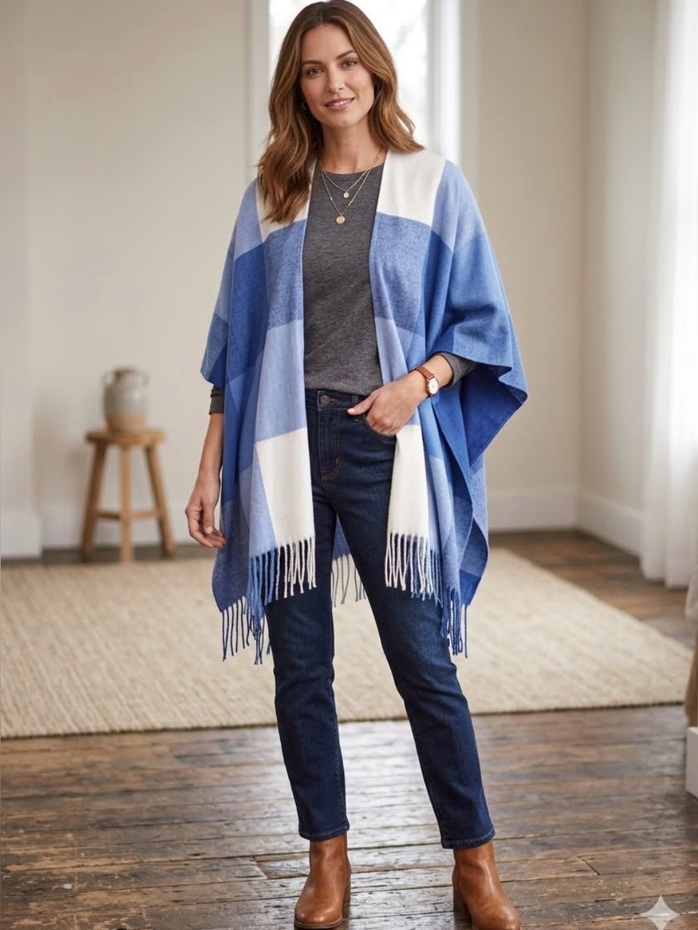 Just Jamie Wrap Shawl Poncho Blue White Plaid Fringe Trim Nordstrom Rack SOFT